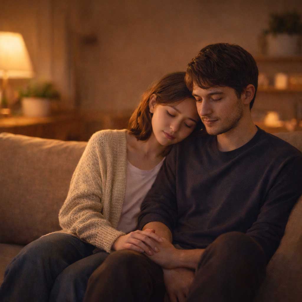 夜の部屋で寄り添う男女（AIカップルイメージ）