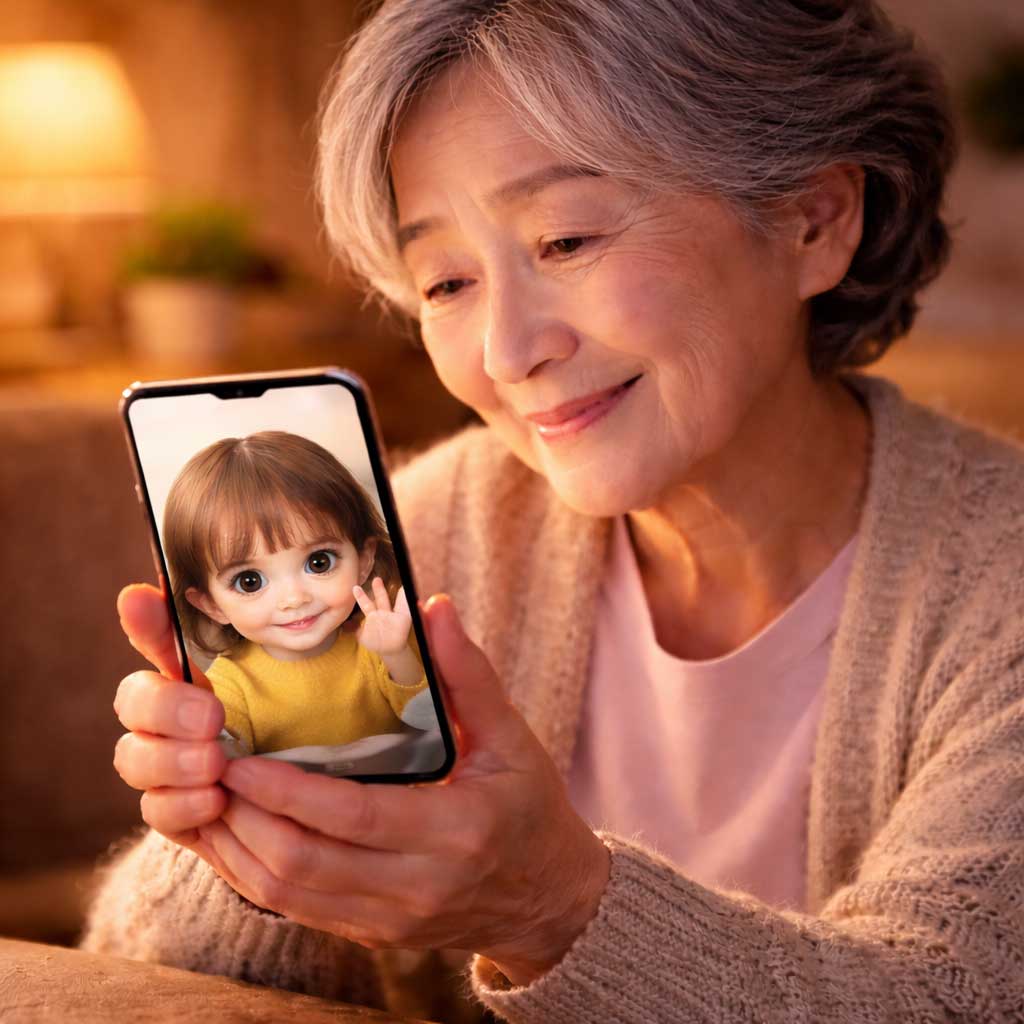 スマホを見る高齢者（AI孫イメージ）