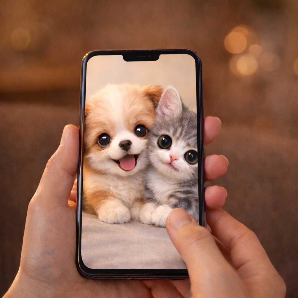 スマホの中の犬と猫（AIペットイメージ）